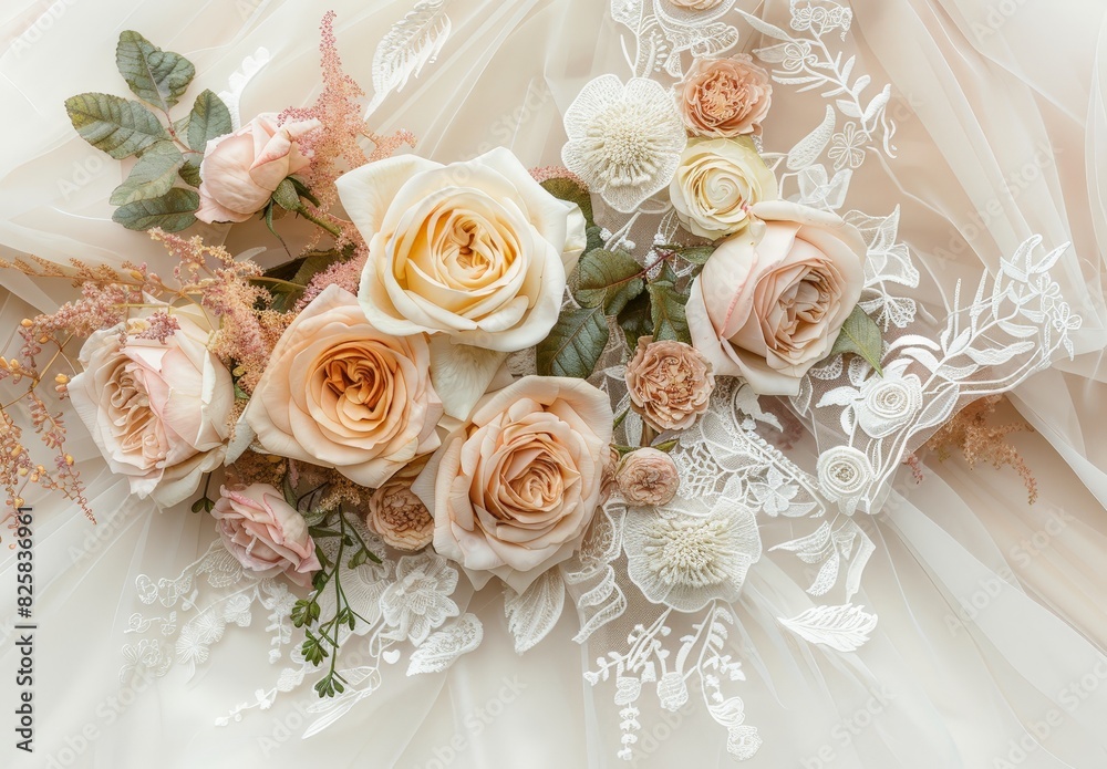 Elegant floral arrangement with roses and lace