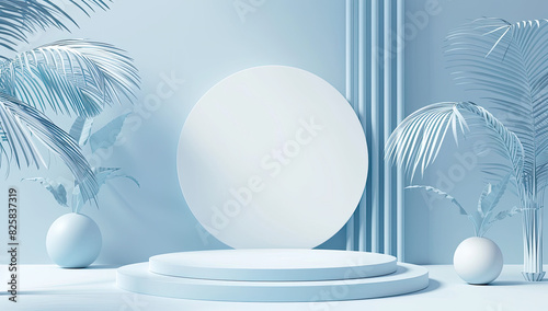 Abstract minimal blue background with podium for product presentation  3d rendering. Created with Ai
