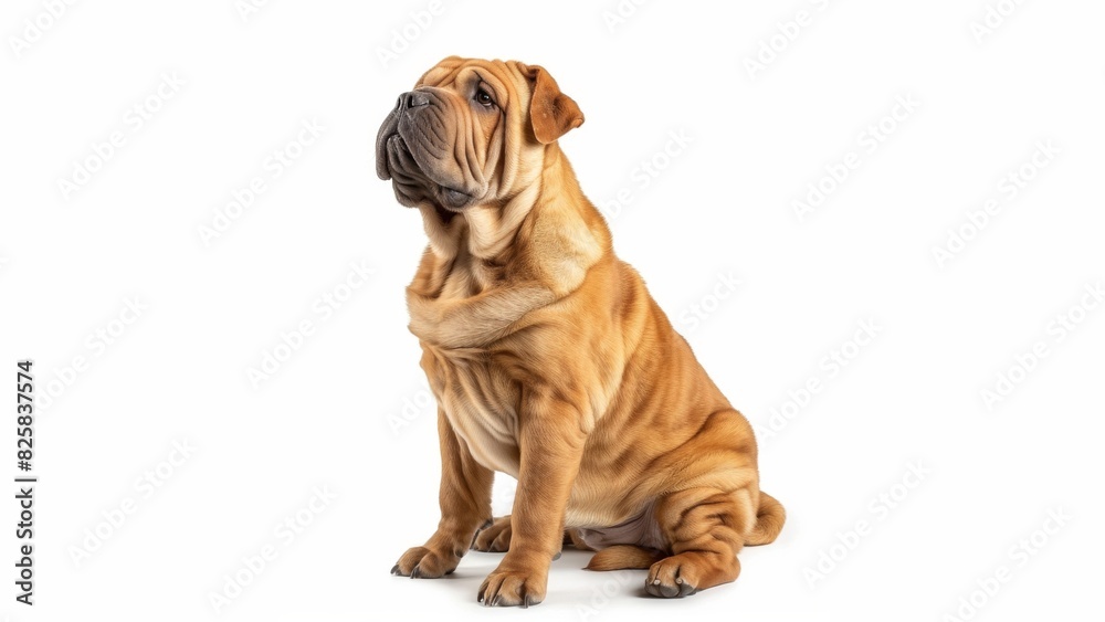 a sitting Chinese Shar-Pei dog, front view, full isolated body, side view, white solid background