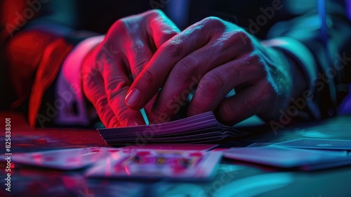 Close-up of a magician's hands shuffling a deck of cards with dramatic lighting.