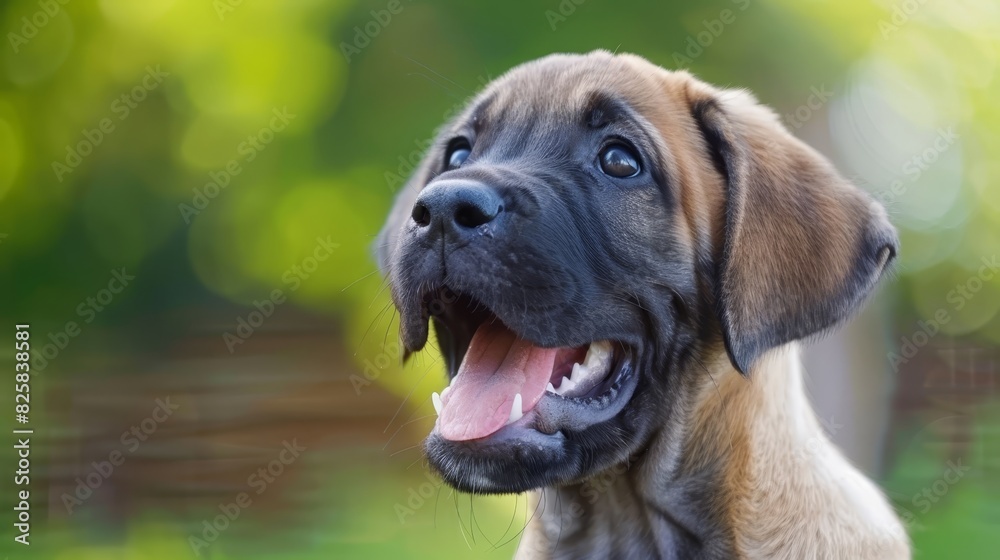  A tight shot of a dog's face, tongue out and mouth wide open, surrounded by a softly blurred backdrop of trees and grass