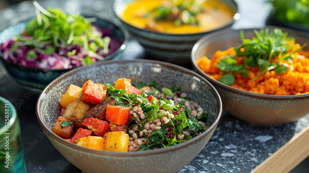 A selection of various vegetable and grain dishes in bowls, showcasing a colorful and healthy meal arrangement.