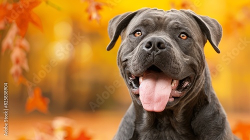  A tight shot of a dog with its tongue extending from its mouth Autumn leaves scatter the foreground Above, a yellow sky dominates photo