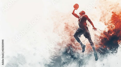Silhouette of a basketball player dunking against a white background with a foggy effect in the simple watercolor style White space appears on the left side with the image in high
