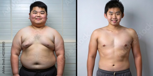 comparison picture before and after young man fat later athletic thin lose weight diet fitness training