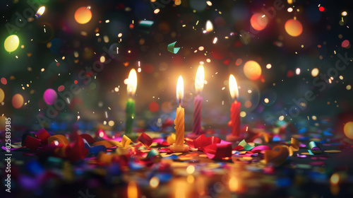 A dynamic shot of a birthday party scene, with lit candles, multicolored bokeh lights, and confetti