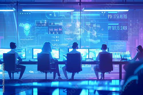 People working in futuristic workplace with Holographic Interfaces and Modern Technology. Overtime, teamwork and colleagues planning for innovation.