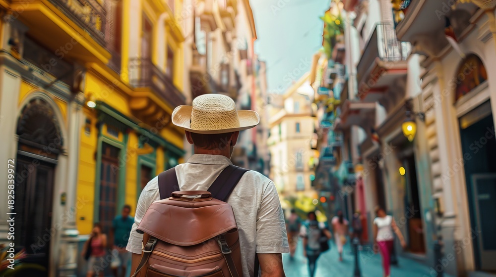 A man wearing a straw hat and a brown backpack walks down a street A man wearing a straw hat and a brown backpack walks down a street