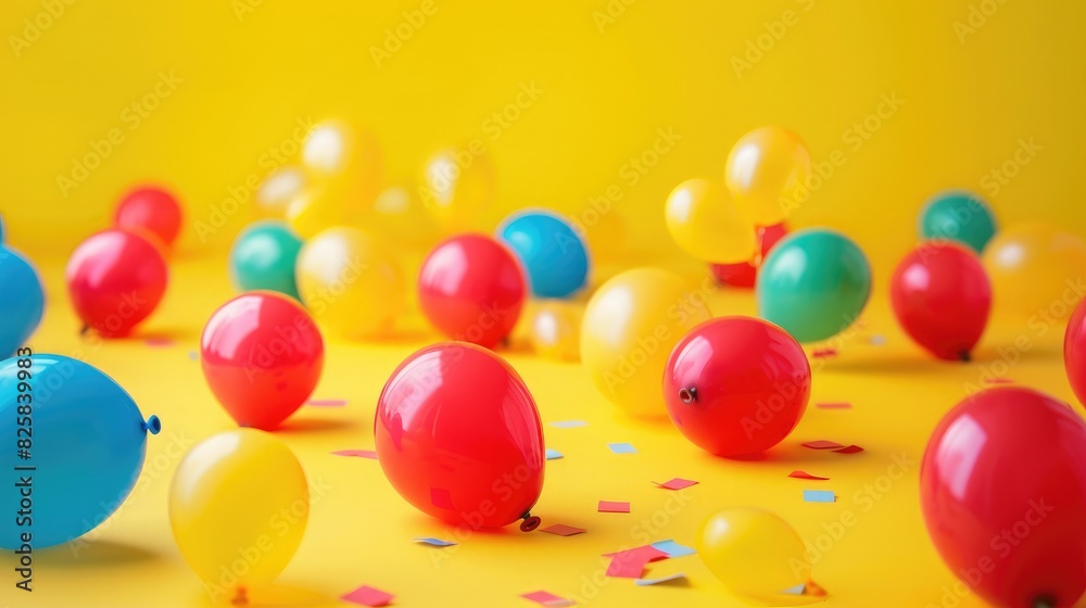 Colorful balloons scattered on a vibrant yellow background, adding joy and cheer to any occasion. Colorful balloons scattered on a vibrant yellow background, adding joy and cheer to any occasion.