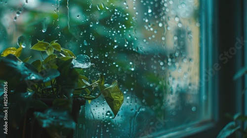 Raindrops splashing on a windowpane, distorting the view of the world outside during the monsoon season.