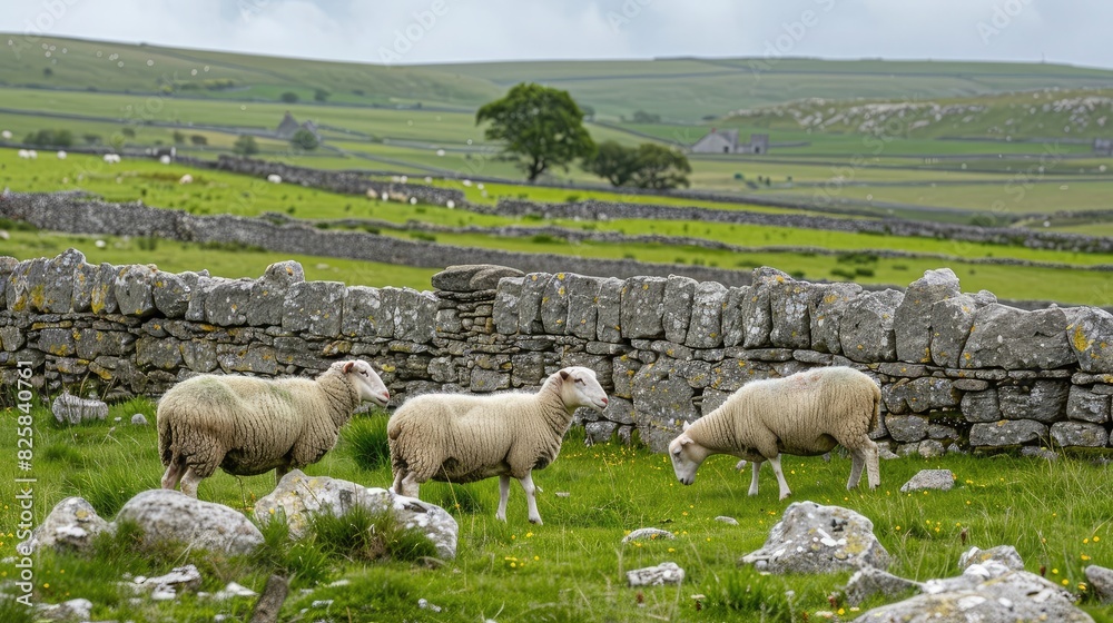 Obraz premium Sheep grazing near a picturesque stone wall in a traditional countryside setting.