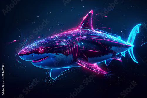 a scary neon shark on a dark background