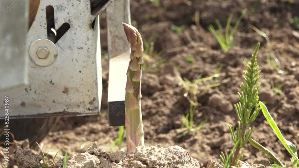 An asparagus shoot emerging from the soil next to a piece of gardening equipment, highlighting the process of cultivating and growing asparagus in a garden. An asparagus shoot emerging from the soil next to a piece of gardening equipment, highlighting the process of cultivating and growing asparagus in a garden.