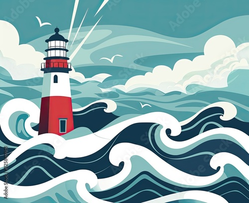 Geometric illustration of a lighthouse amidst turbulent ocean waves under a partly cloudy sky.