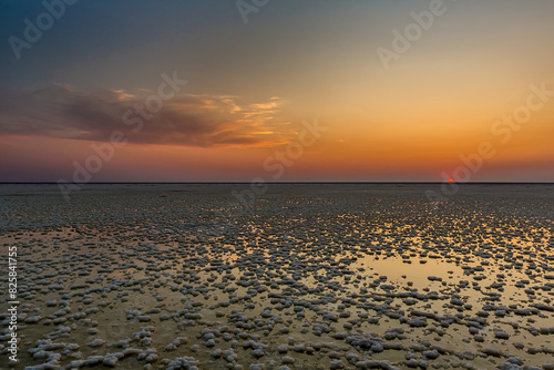 Sunset or sunrise on salt lake Elton (Russia) with mirror or reflection of low Cumulostratus or Stratocumulus clouds in the brine at golden hour with the sun in the background. Evening or morning. © DmitriiK