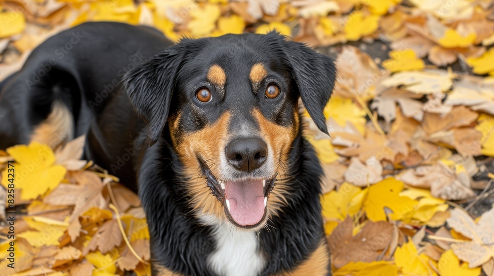  A close-up of a dog lying in a pile of leaves with its mouth open and tongue hanging out