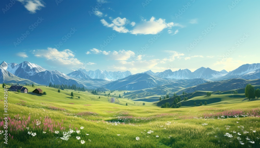 A stunning spring day landscaping views of fertile land surrounded beautiful green vegetation, wide stretches of hills and mountains with clear skies in spring A stunning spring day landscaping views of fertile land surrounded beautiful green vegetation, wide stretches of hills and mountains with clear skies in spring