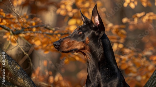  A black and brown dog stands before a tree, its branches adorned with yellow leaves In the background, an orange and yellow-leafed tree emerges