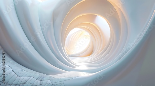 3D rendering of a futuristic tunnel with glowing light at the end of the tunnel.