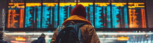 Tourist looking at flight schedule at airport  photo