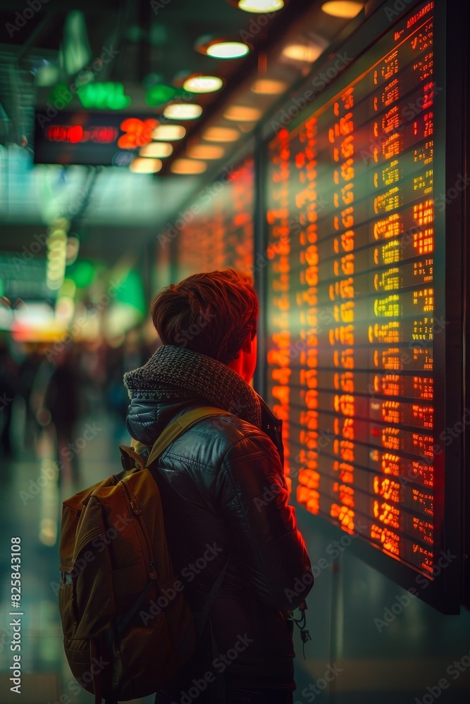 Obraz premium Tourist looking at flight schedule at airport 