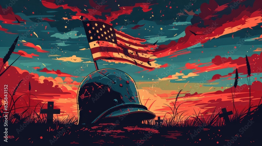 Vintage military helmet with American flag at cemetery sunset for ...