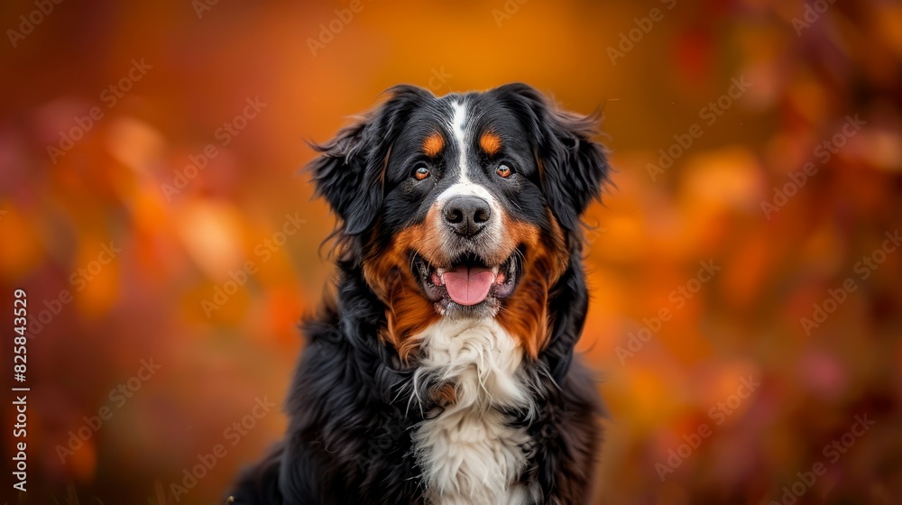  A black, brown, and white dog sits before an orange and yellow backdrop, adorned with leaves in the foreground A black-and-white canine is present in the