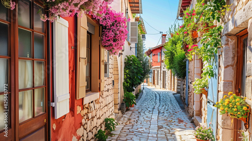 Narrow cobbled street in small cozy old town. Typical traditional houses with with a stone walls, blooming plants, flowers. Summer travel concept