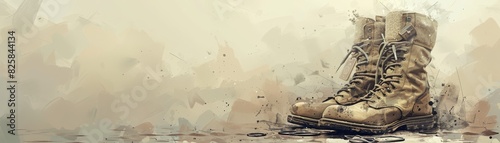 Worn military boots with dog tags on abstract textured background for Memorial Day