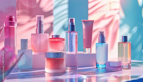 Presentation on the latest trends in cosmetics packaging design. Cosmetics bottles on colorful background