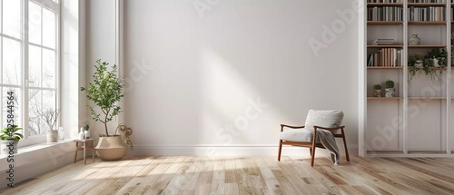 Scandinavianstyle living room with white empty wall, wooden floors, minimalist decor, bookshelf, armchair, and window photo