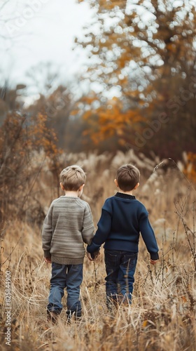 Two young boys are walking through a field of tall grass
