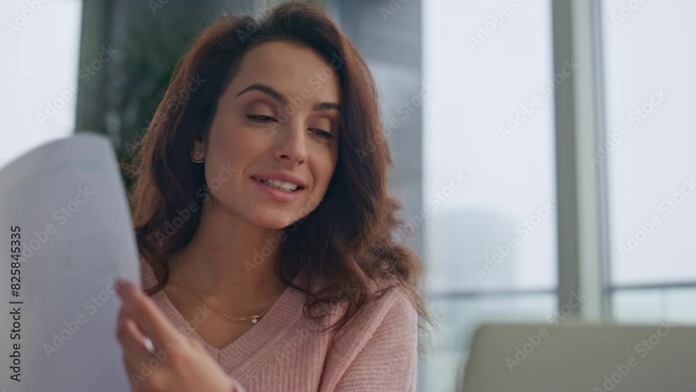 Cheerful lady greeting computer call at workplace closeup. Girl talking video Cheerful lady greeting computer call at workplace closeup. Girl talking video