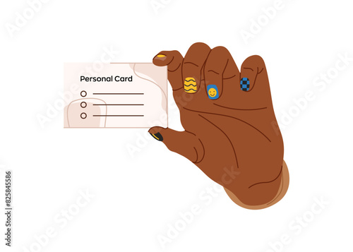 Man hold business card in his hand with painted nails isolated on a white background. Colorful male manicure, trendy nails. Vector illustration. Positive and funny nail art design. Black-skinned