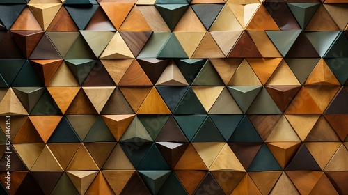 Geometric fabric pattern with a mix of triangles and squares in earthy tones of brown, beige, and green, offering a natural and grounded look for various designs. photo