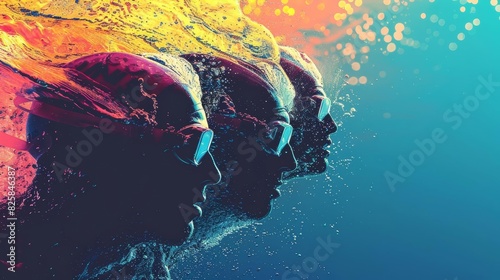 Olympic swimming competition, close up, focus on, copy space, vibrant hues, Double exposure silhouette with water splashes photo