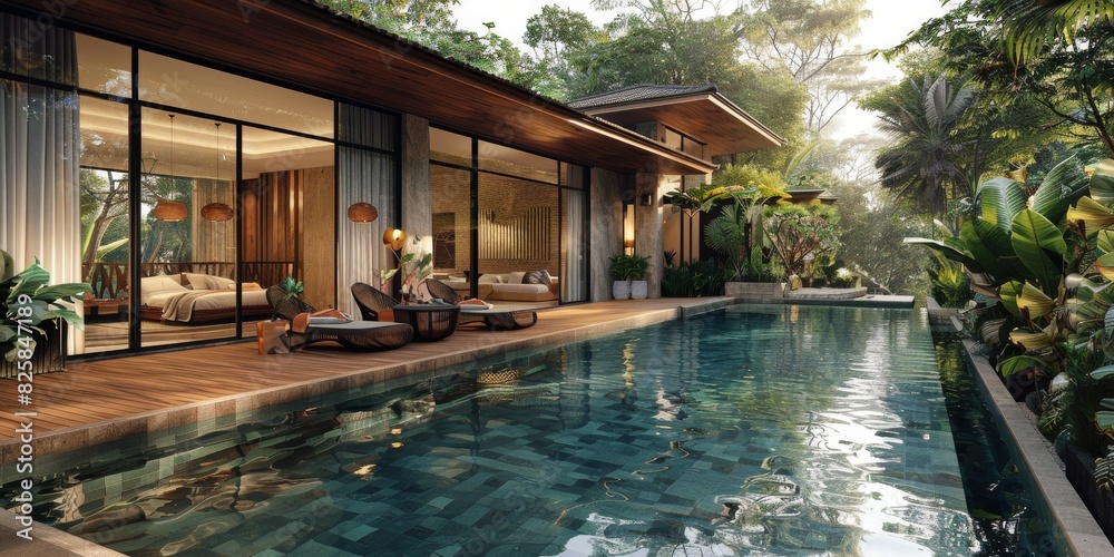 The spacious home features a pool area nestled among lush trees