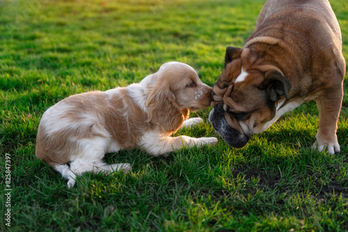 Little cute cocker spaniel puppy  and english bulldog playing in garden at sunset