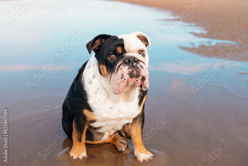 Sad English British Bulldog Dog stting on seaside
