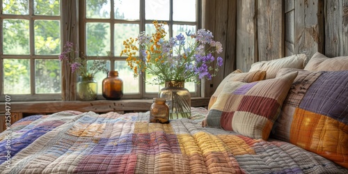 Create a cozy rustic bedroom with a patchwork quilt and floral decor for a peaceful atmosphere