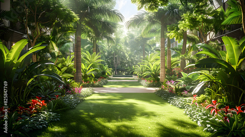 High Resolution Photo Realistic Image  Lush Beach Resort Gardens with Glossy Backdrop  Serene Environment Concept