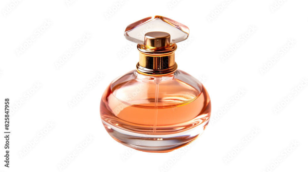 A bottle of perfume is placed on a plain white background, elegantly showcasing its design and shape A bottle of perfume is placed on a plain white background, elegantly showcasing its design and shape