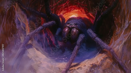  A large spider atop a purple-red wall, near a red-black fire in the midst of its web photo