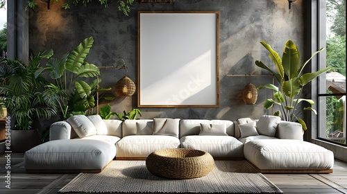 D Rendered Frame Mockup on ISO A Paper Size for Modern Living Room Wall Poster photo