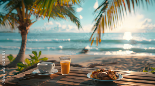 A Luxurious Beachside Breakfast  High Resolution Image capturing the Beauty and Enjoyment of a Gourmet Breakfast Setup by the Sea