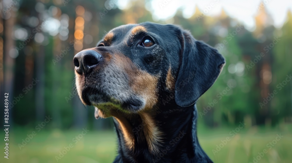  A close-up of a black and brown dog in a field of grass Trees line the background Grass covers the foreground