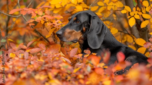  A black-and-brown dog sits in a wooded area, surrounded by leaves Yellow and red leaves cover the forest floor An orange-leafed tree stands prominently in