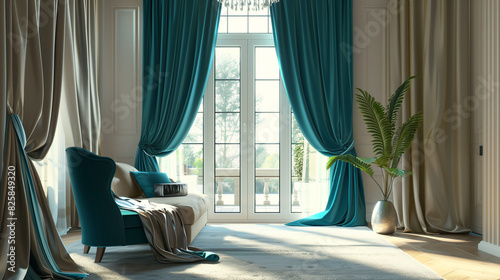 luxurious taupe velvet curtains with teal tiebacks  framing tall windows 