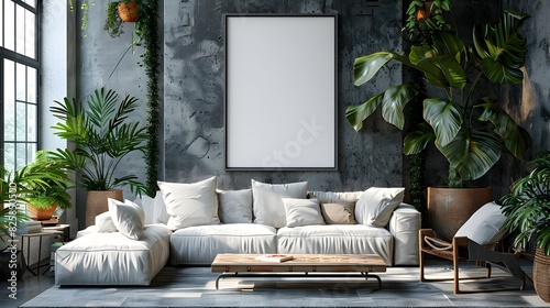 Sleek Magazine Frame Mockup on Living Room Wall Modern Interior Design photo