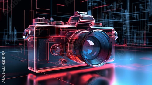 Oldfashioned camera with a digital screen displaying AR overlays, set against a sleek studio background, Retro, High contrast, Digital illustration photo